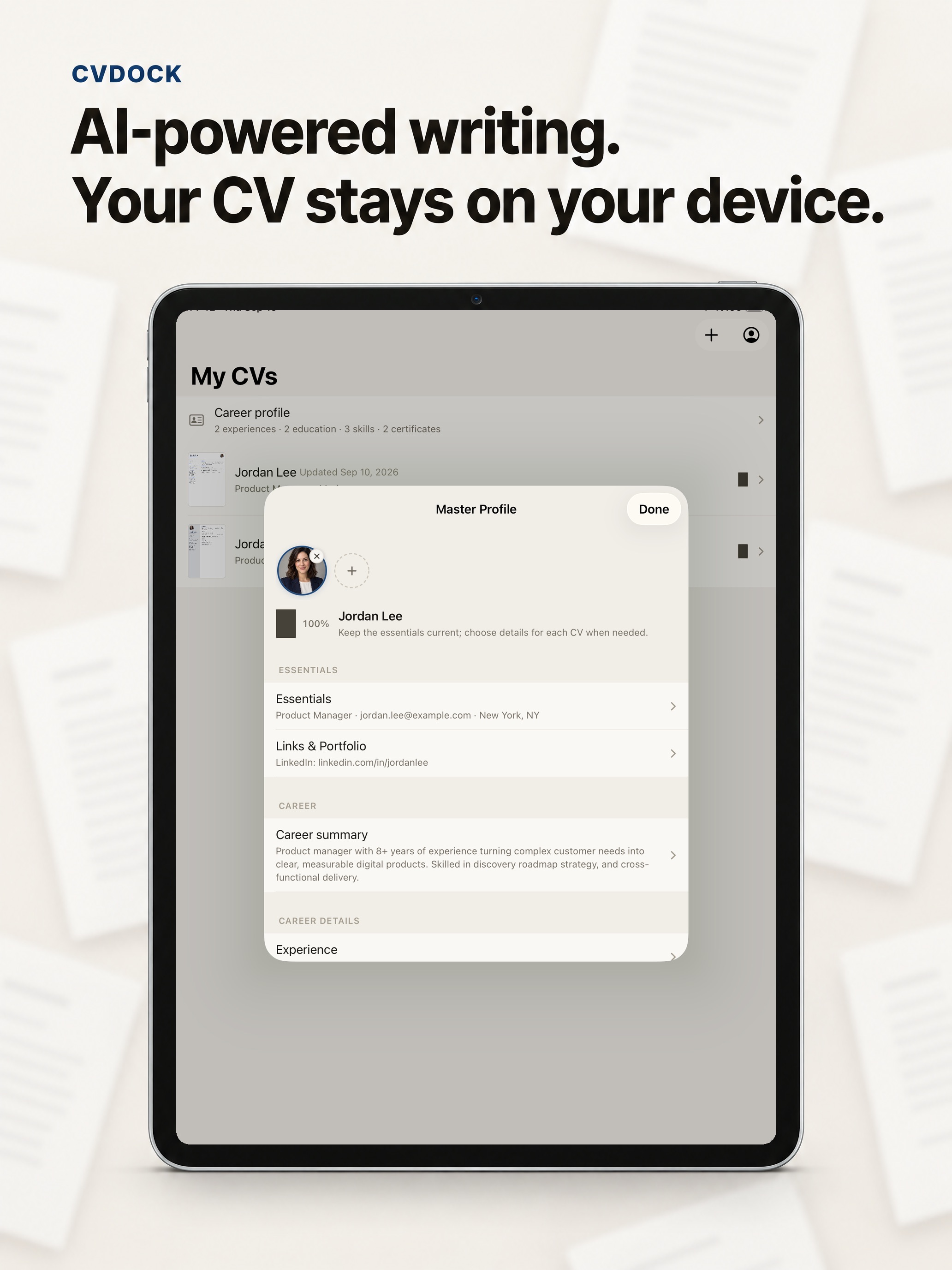 CVDock Master Profile on iPad