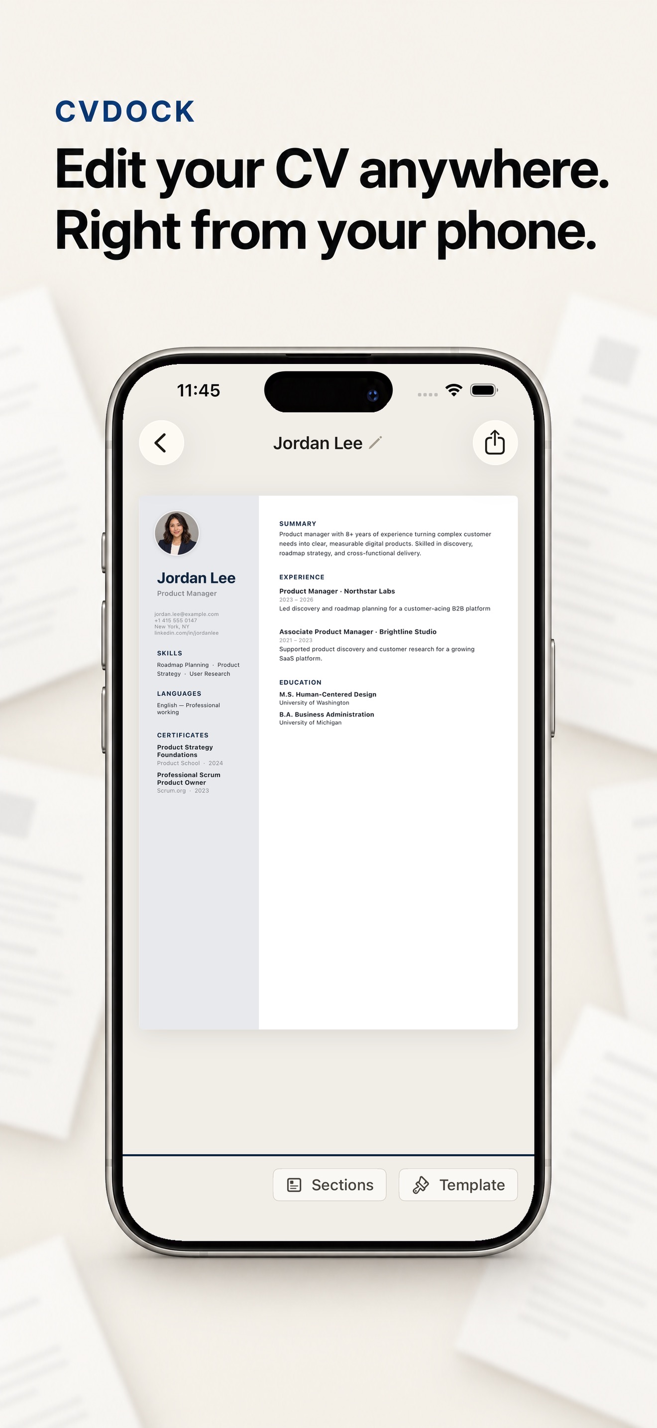 CVDock CV Editor on iPhone
